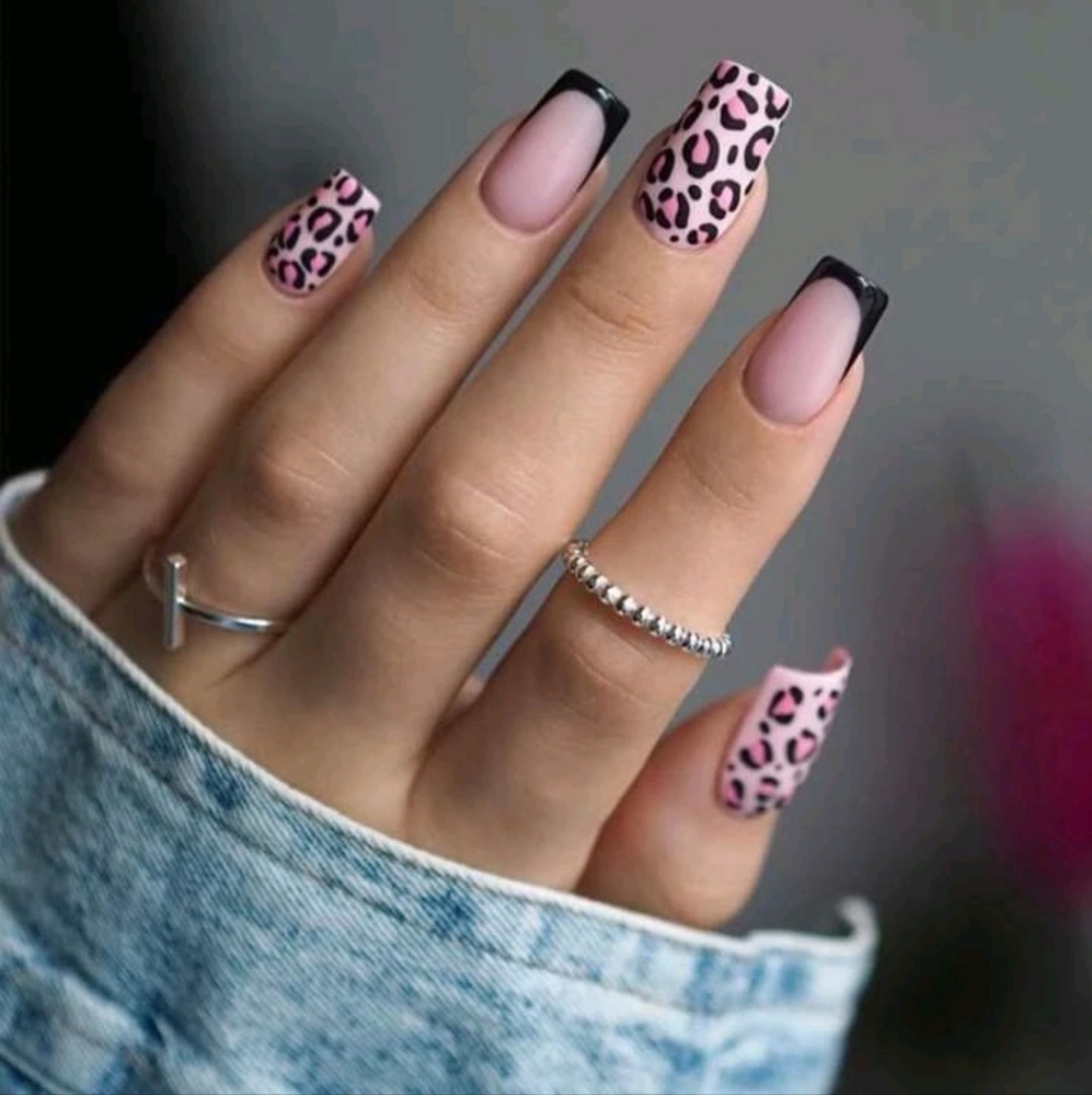 24 pcs. MEDIUM Length Black French Leopard Print Press On Nails